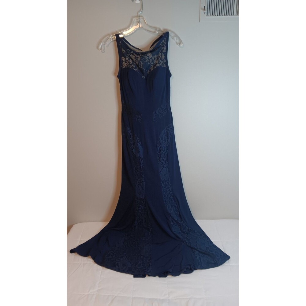 Mori Lee By Madeline Gardner Formal Maxi Dress Sz Small 1/2 Blue Lace Overlay